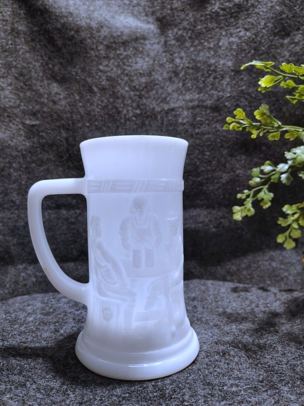 Vintage 1950-70's Milk Glass Beer Stein Features Tavern Scene.
